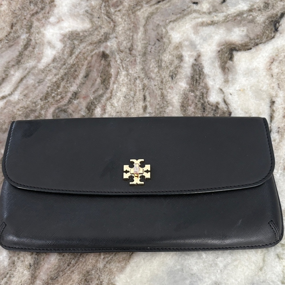 Tory Burch Black Leather Clutch with Gold Emblem